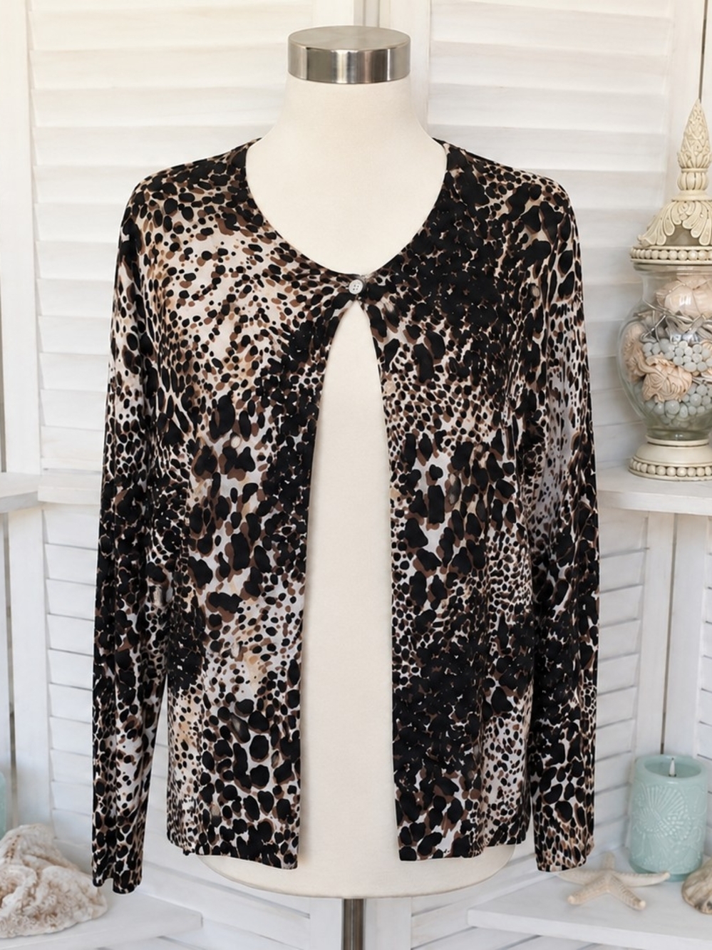 Croft & Barrow Leopard Print Button Cotton  Cardigan in Black and Brown Size PM